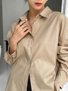 Camisa holgada con botones y hombros caídos, manga larga, ropa de otoño - Caqui - Ver 5