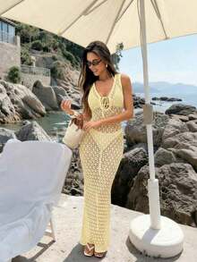 Vestido Maxi de Punto Ajustado con Cuello en V y para Mujer, Primavera/Verano 2026, Marrón, Textura Calada, Estilo Boho, Elegante Casual para Playa y Vacaciones, Vestido Largo - Blanco marfil - Ver 9