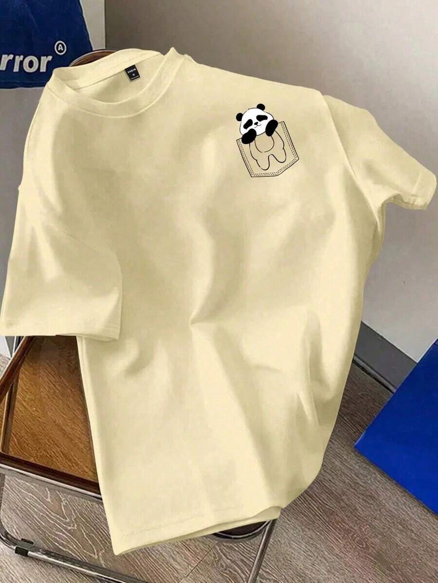 Manfinity UrbanChill Camiseta de punto de cuello redondo de manga corta para hombre en color blanco, Camiseta gráfica divertida y linda de panda, Regalo para el novio, Para salir - Amarillo - Ver 1