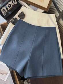 Shorts de mujer de cintura alta de color gris oscuro minimalista y de moda, con cierre de cremallera en la espalda, adecuados para el uso diario, citas y ocasiones románticas - Azul - Ver 3