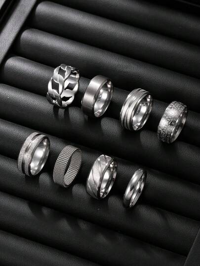 8pcs Set Silver Stainless Steel Rings, Hiphop Style Gothic Rings, Matte Texture Rings With Coin Pattern And Engraved Design, Suitable For Everyday Wear, Great Gift For Husband, Boyfriend Or Partner