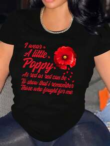 At Christmas, I Wear A Bright Red Poppy To Show My Respect For Those Who Fought For Me. Stylish Women's Short Sleeve Crew Neck Sports T-Shirt, Loose Fit, Soft And Machine Washable - 黑色 - 查看 1