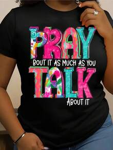Women's 2026 Faith-Inspired Red T-Shirt With The Phrase "Pray About It Talk About It" - Comfortable Crew Neck T-Shirt For Casual And Party Wear With Multicolor Lettering, Christian Clothing For All Seasons, Ideal For Casual Outfits, Religious Events And Faith-Inspired Sets. - 黑色 - 查看 1
