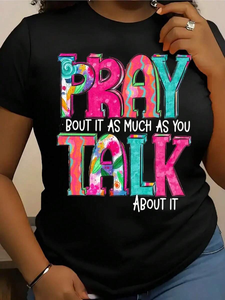 Women's 2026 Faith-Inspired Red T-Shirt With The Phrase "Pray About It Talk About It" - Comfortable Crew Neck T-Shirt For Casual And Party Wear With Multicolor Lettering, Christian Clothing For All Seasons, Ideal For Casual Outfits, Religious Events And Faith-Inspired Sets. - 黑色 - 查看 1
