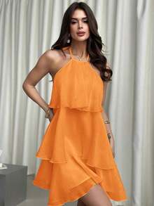 Vestido de vuelo con cuello halter, espalda descubierta y dobladillo con volantes de organza blanco, elegante y romántico para el Día de San Valentín - Vestido de muñeca de fantasía - Naranja - Ver 7