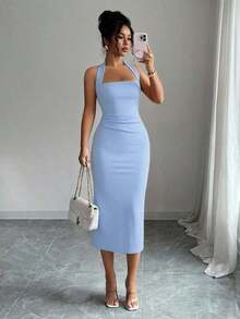 Vestido de mujer de longitud media elegante, adecuado para vacaciones, reuniones diarias, fiestas y eventos de cóctel de verano - Celeste - Ver 2