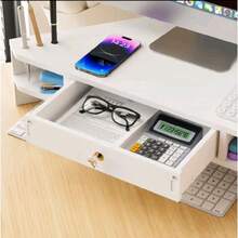 Supporto angolare per computer con contenitori e cassetti, organizer triangolare per monitor da scrivania, supporto da scrivania salvaspazio, design ergonomico. - Cassetto singolo con foro per penna - Visualizzare 5