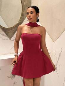 Vestido corto de fiesta, cumpleaños, cóctel, San Valentín, Halloween, Navidad, boda, uso diario con estilo francés, sin tirantes, corte princesa A-line, mini - Vestido rojo corto de club, vestido rojo, vestido rojo mini, vestido sin tirantes, ves - Burdeos - Ver 5