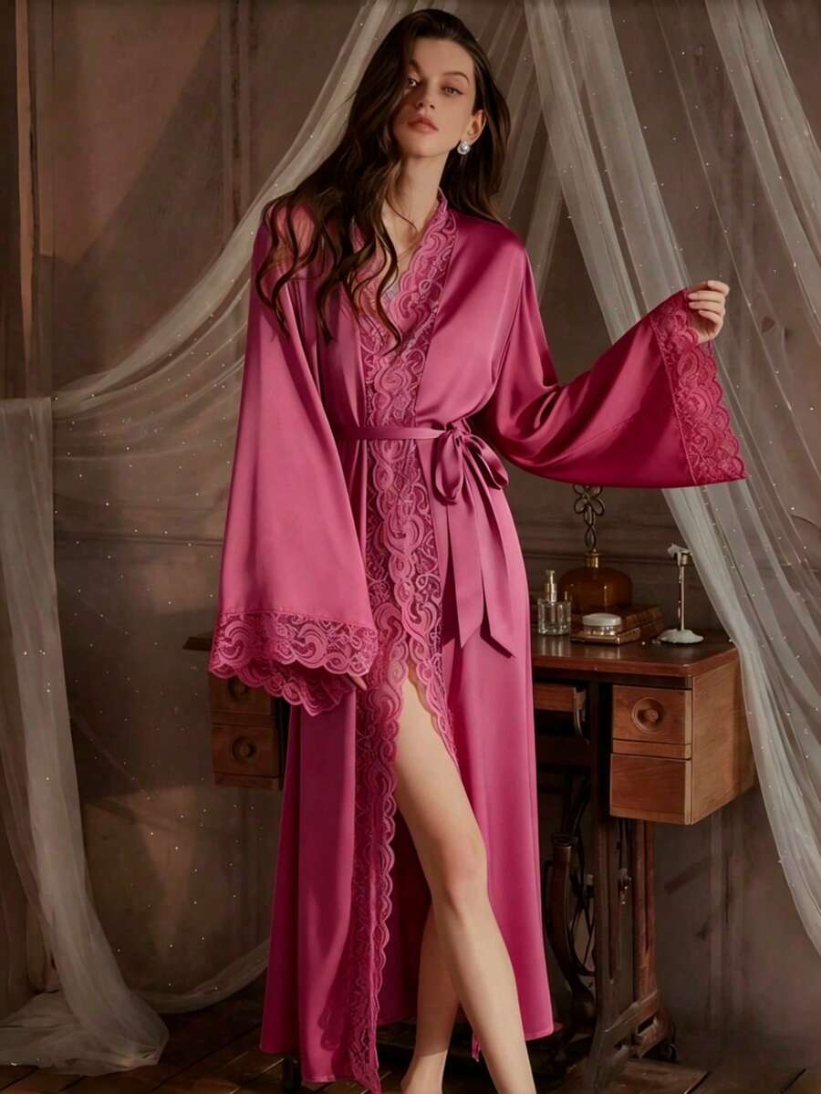 QING ROU Women's Elegant Satin Robe, Soft Lace Trim, Flared Long Sleeves, Silky & Comfortable, With Belt, Suitable For Home Wear - Rose Red - View 1