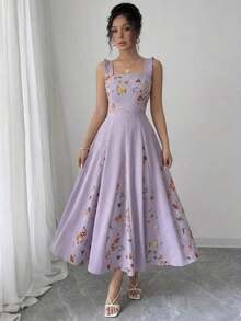 Vestido de línea A con estampado de patchwork en la cintura para mujer, elegante para vacaciones, viajes y uso diario, sin mangas - Morado - Ver 5