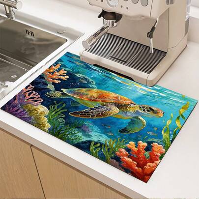 1pc Sea Turtle Print Absorbent Mat/Drying Mat/Drip Mat For Coffee Maker, Dishes - Absorbent Polyester Desktop Protective Mat With Rubber Anti-Slip Pad, For Kitchen Counter Decor, Home Bar And Dining Table