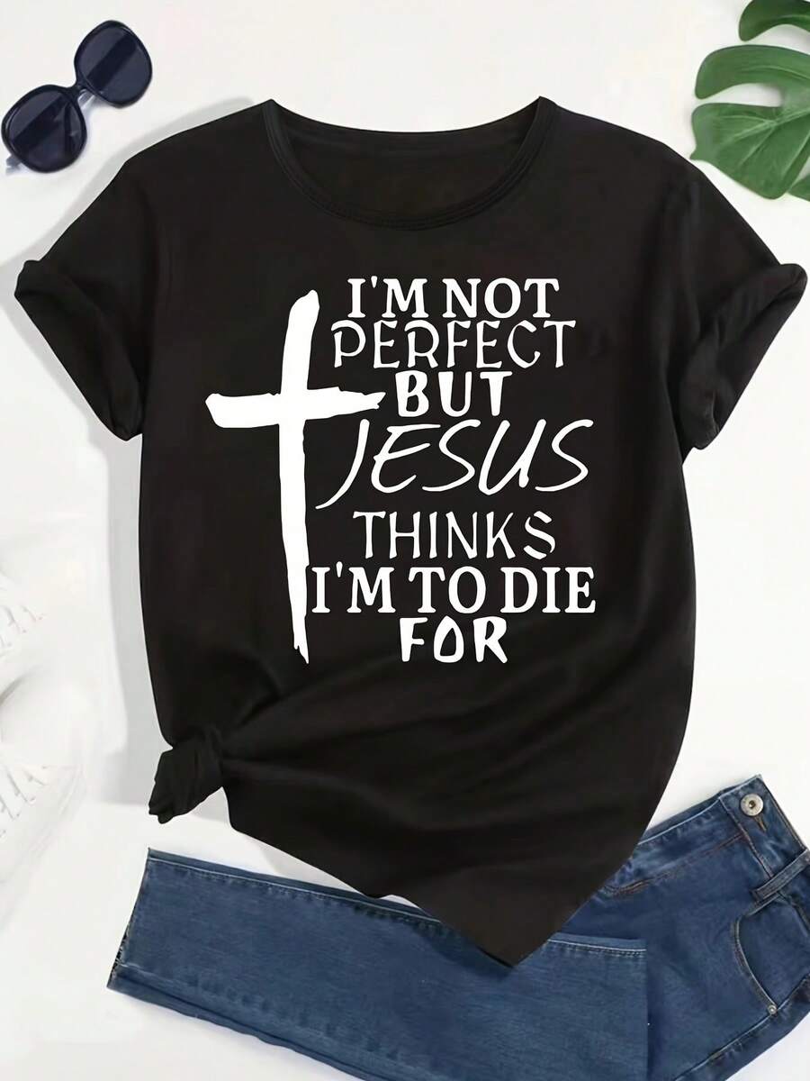 Camiseta casual de manga corta para mujer, playeras de mujer,tela suave y resistente, con estampado de cruz y letras. Ideal para primavera y verano. Disponible en múltiples tallas