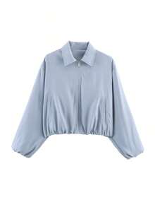 Chaqueta con bolsillo con cremallera de lunares rosas para mujer - Abrigo casual suelto con solapa para primavera/otoño - Celeste - Ver 8