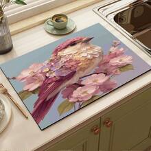 1 pieza Estera absorbente con estampado floral y de pájaros en rosa para cafetera, platos - Estera protectora absorbente de poliéster para escritorio con almohadilla antideslizante de goma, para decoración de la encimera de la cocina, bar en casa y mesa de comedor - Multicolor - Ver 5