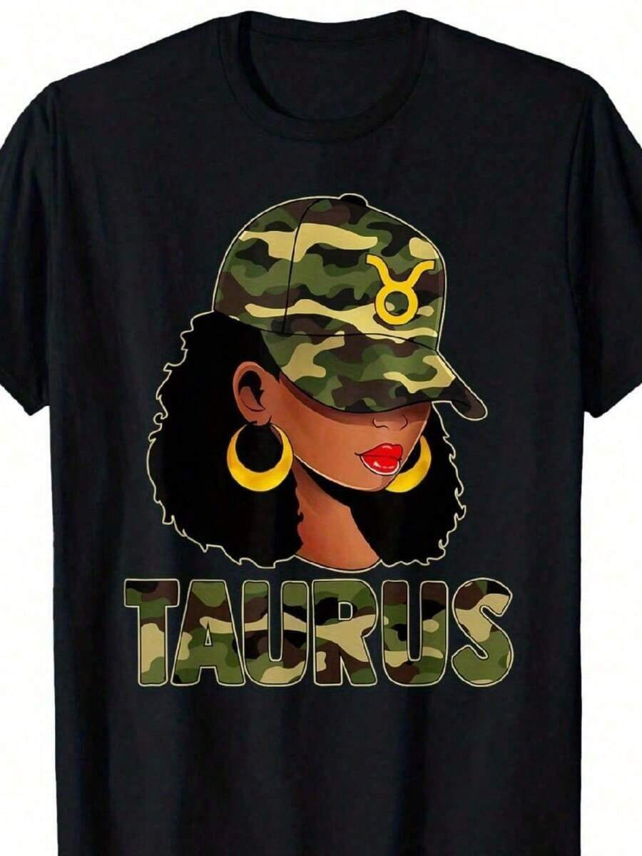 Women's Short-Sleeved T-Shirt, TAURUS Zodiac Camouflage Print T-Shirt - % Cotton, Casual Round Neck With Eye-Catching TAURUS Print, High Elasticity. - 黑色 - 查看 1