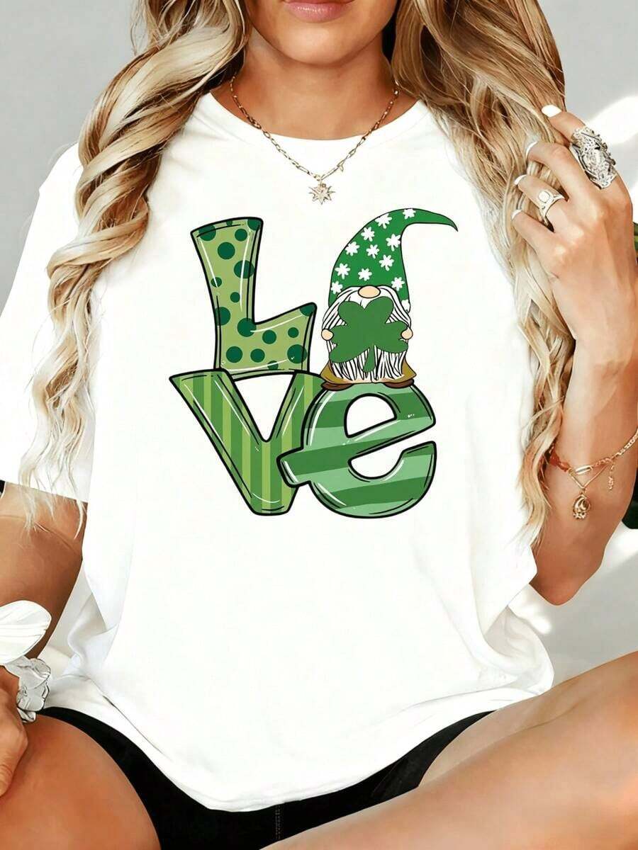 Camiseta genial para mujer, casual, de manga corta, blanca, para actividades al aire libre, ocio en casa, con estampado de gnomos románticos para el Día de San Patricio. Camiseta blanca para mujer, de corte holgado, informal, para la celebración del Día de San Patricio, regalo para fiestas y vacaciones, a la moda. - Blanco - Ver 1