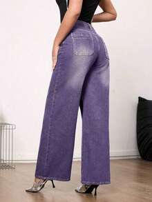 Jeans de pierna ancha de talle medio vintage para mujer - Uso casual elegante sin estiramiento - Morado - Ver 7