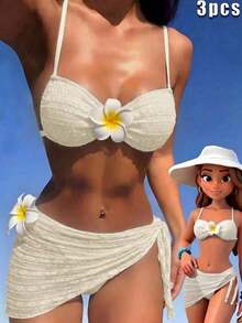 Swim Vcay Conjunto de bikini de 3 piezas con textura de tela, decoración floral, espalda descubierta, lazo, sexy y dulce, de estilo casual en color crema y amarillo, adecuado para la playa y vacaciones - Amarillo - Ver 7