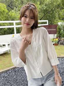 Blusa Con Botones Frontales, Manga Abullonada Y Detalle De Encaje - Blanco - Ver 8