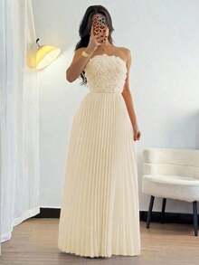 Vestido de verano de mujer con parche de flores 3D, volantes en el bajo, elegante y encantador - Albaricoque - Ver 1