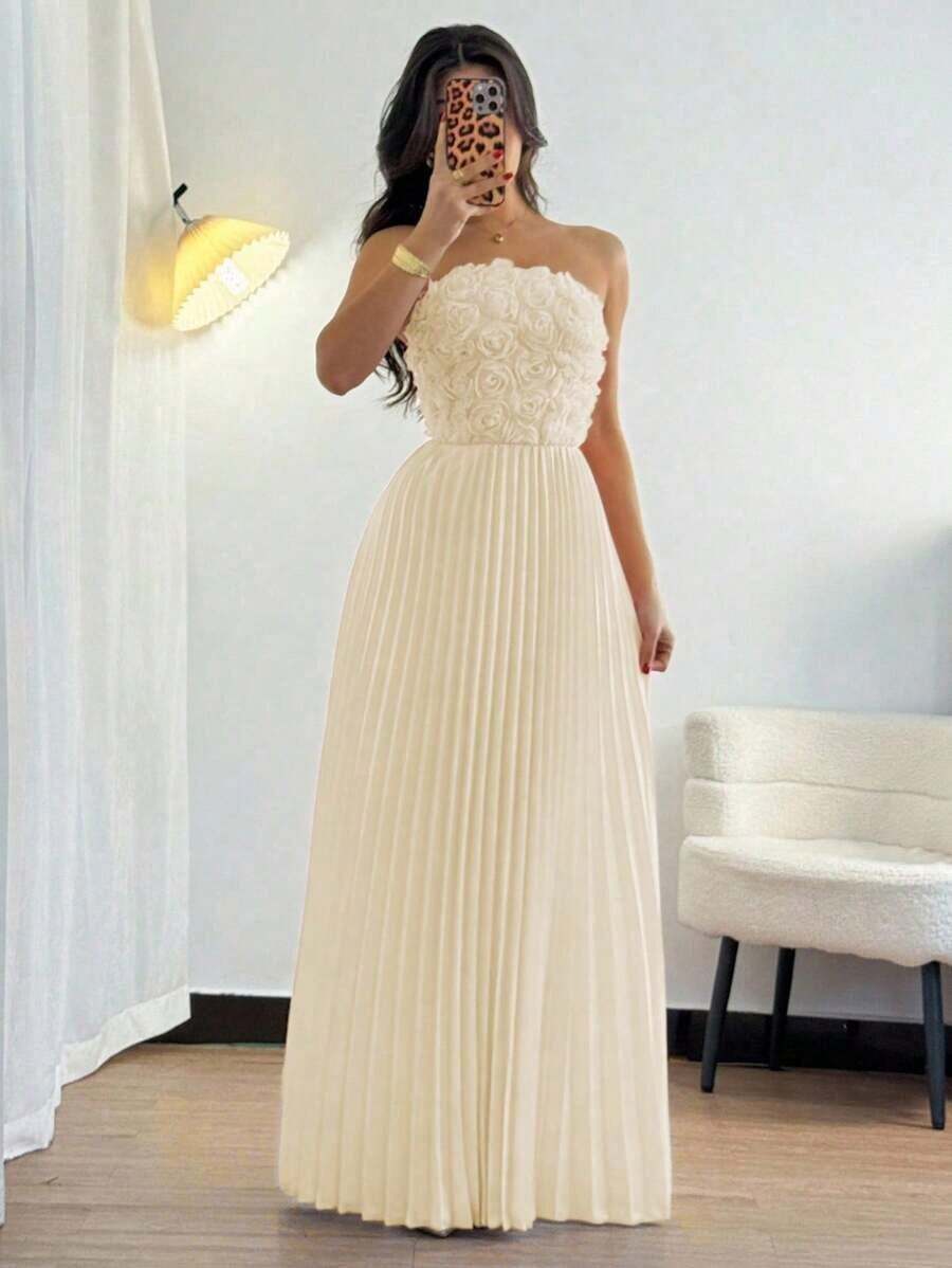 Vestido de verano de mujer con parche de flores 3D, volantes en el bajo, elegante y encantador - Albaricoque - Ver 1