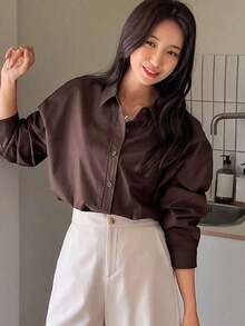 Camisa holgada con botones y hombros caídos, manga larga, ropa de otoño - Marrón Chocolate - Ver 6