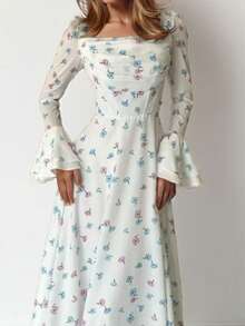 Vestido largo estampado primavera con mangas campana corte ajustado elegante estilo europeo para mujer - Azul lavado medio - Ver 2