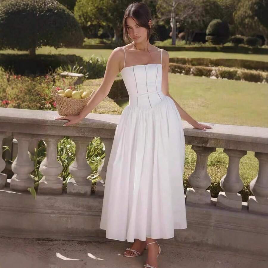 Vestido largo de mujer con estilo francés de tirantes elegante y moderno con estampado de flores que realza la figura y transmite un look suave y femenino - Blanco - Ver 1