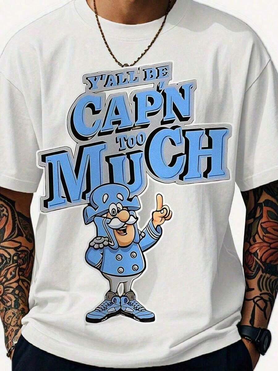 "Y'ALL BE CAP'N TOO MUCH" T-Shirt - Fun And Casual Graphic Tee Featuring A Cheerful Cartoon Captain Design With Blue And Black Text - Perfect For Everyday Wear, A Great Gift For Friends And Family. - 白色 - 查看 1