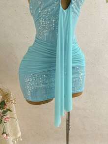 Vestido mini casual de vacaciones para mujer con escote en V profundo, cuello halter con lazo, y drapeado.Adecuado para la playa, cruceros y festivales de música en verano - Azul - Ver 5
