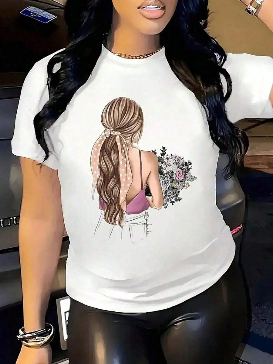 Camiseta de cuello redondo estampada para niñas, camiseta casual de manga corta para primavera y verano, ropa de mujer - Blanco - Ver 1