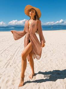 Women's Light Pink Solid Color Cardigan, V-Neck Long Sleeve Belted Semi-Sheer Mid-Length Loose Elegant Beach Resort Kimono Vacation Summer - Apricot - View 3