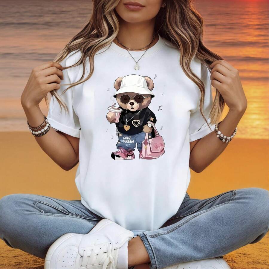 Playera Mujer Cuello Redondo 100% Algodón Oso de Moda con Gorra y Gafas Estilo Urbano Tela Elástica Resistente al Desvanecimiento Top Casual de Uso Diario|Top de Moda Femenino - Blanco - Ver 1