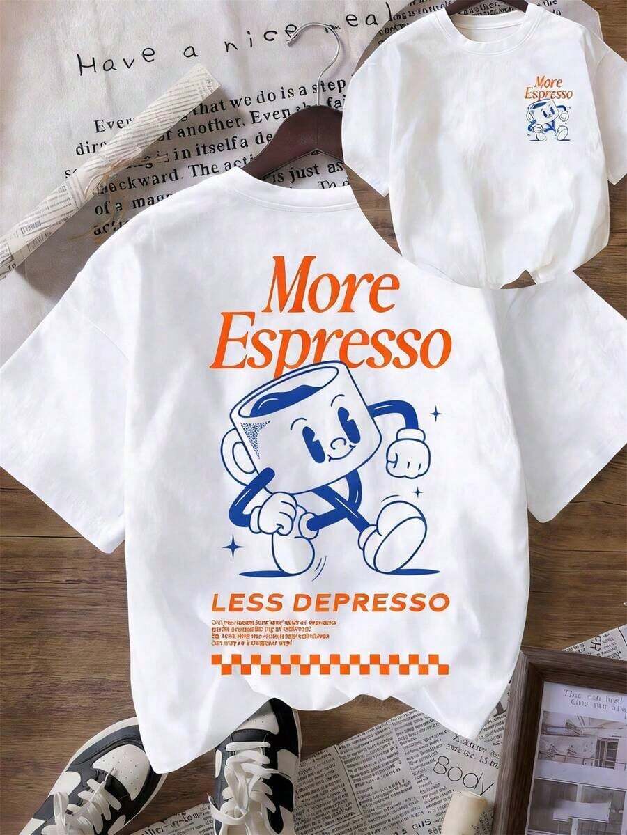 Camiseta de manga corta con cuello redondo y estampado gráfico del Club de Café Espresso, casual de verano - Blanco 1 - Ver 1