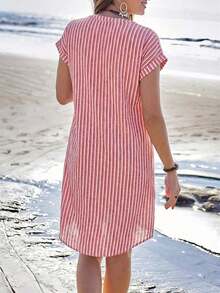 Vestido camisero de verano para mujer, de manga corta, cuello en V y rayas, hasta la rodilla, vestidos de verano para mujer, vacaciones - Multicolor - Ver 3