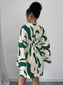 Vestido casual y elegante de vacaciones para mujer con manga larga fruncida, cintura ceñida y estampado floral con espalda recogida - Multicolor 2 - Ver 2