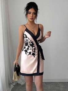 Vestido mini sexy y elegante con cuello en V estilo envolvente y estampado para mujeres - Albaricoque - Ver 7