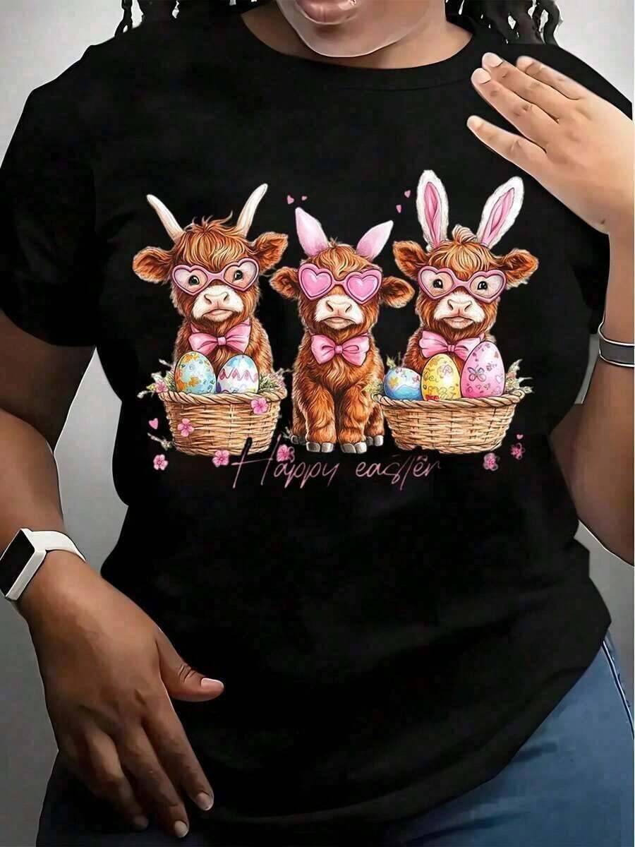 1 pieza Camiseta de vaca y conejo de Pascua con gafas de corazón y huevos de Pascua, diseño de Feliz Pascua para mujeres, regalo divertido de vacaciones de primavera, camiseta de cuello redondo para la celebración de Pascua, 180g 100% algodón suave - Negro - Ver 1