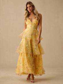 Vestido sin espalda sin mangas con estampado todo sobre todo de verano para mujer - Amarillo - Ver 4