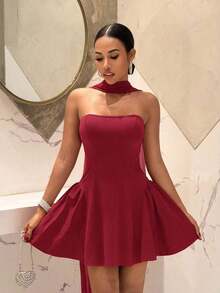 Vestido corto de fiesta, cumpleaños, cóctel, San Valentín, Halloween, Navidad, boda, uso diario con estilo francés, sin tirantes, corte princesa A-line, mini - Vestido rojo corto de club, vestido rojo, vestido rojo mini, vestido sin tirantes, ves - Burdeos - Ver 7