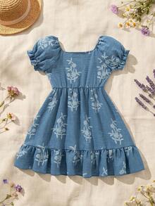 Young Girl Summer New Chiffon Slanted Stripe Printed Faux Embroidery Puff Sleeve Square Collar Patchwork Fishtail Casual Retro Dress, Suitable For Beach Vacation - Navy Blue - View 3