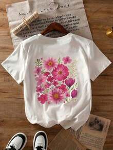 Camiseta de manga corta y cuello redondo para mujer, con estampado gráfico de flores naturales en racimos, para uso diario informal, primavera/otoño/verano, para el Día de San Valentín/regreso a clases, color blanco. - Blanco - Ver 3