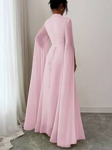 Vestido de noche elegante 2026, cuello redondo hueco manga larga abertura cintura alta con cordón, ideal para eventos y cumpleaños - Rosa Pálido - Ver 2