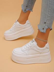 Women's Platform Wedge Sneakers, Color Block Patchwork, Casual Lace-Up Sporty Style, Suitable For Spring And Autumn Wear - White - View 2