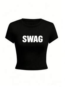 Playera cuello redondo manga corta para mujer, estilo chica guapa , estampado de letras nuevo verano, corte ajustado ombliguero muy lindo, estilo casual juvenil ideal para uso diario, salidas y looks modernos I3ZX - Negro - Ver 4