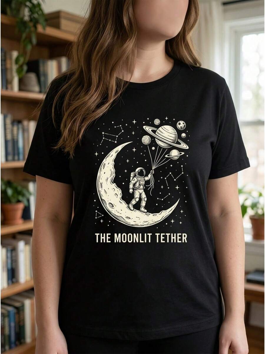 Talla grande, 1 pieza de ropa de verano para mujer de talla grande, camiseta con estampado gráfico de astronauta lunar estrellado con planetas para el espacio, de ajuste holgado, cuello redondo, manga corta, top casual, regalos de festividades, camiseta pura de uso diario, camiseta de verano