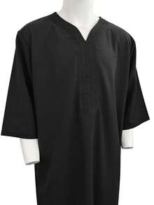 Bata de manga corta bordada marroquí para hombres con bolsillos laterales, bata casual de casa islámica para hombres, bata de Ramadán para hombres - Negro - Ver 4
