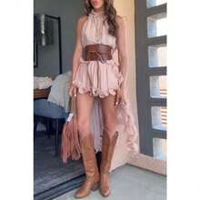 Conjunto de vestido corto sin mangas con volantes de gasa para mujeres elegante y cómodo perfecto para vacaciones de primavera y verano moda casual - Rosa - Ver 4