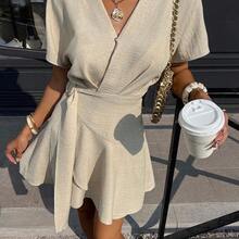 Relaxed Fit V-Neck Wrap Mini Dress With Belt For Women Casual Summer Vacation,Linen Blend Batwing Sleeve Mini Wrap Dress, Casual Beach Holiday Sundress, Tie Front Dress, Beige Dress, Linen Dress, Vacation Dress, Wrap Dress, Birthday Dress, Beige Dress For Women, Front Tie Dress, Creme Dress, Brunch Dress, Short Sleeve Dress Cream Dress - Albaricoque - Ver 8