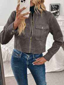 Chaqueta corta de carga de mujer con botones metálicos decorados, cálida y gruesa, adecuada para otoño/invierno - Gris - Ver 6